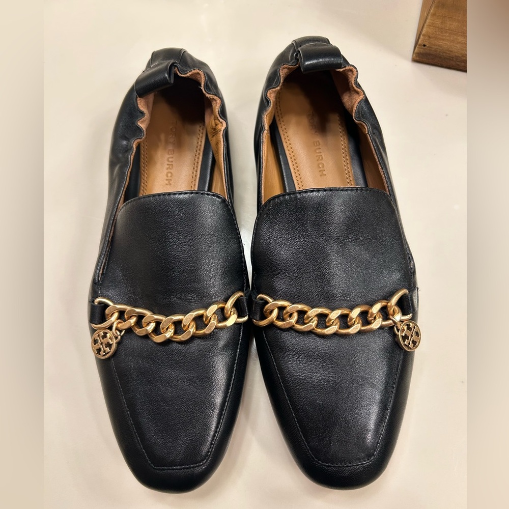 Tory Burch Black Loafers with Gold Chain Accent